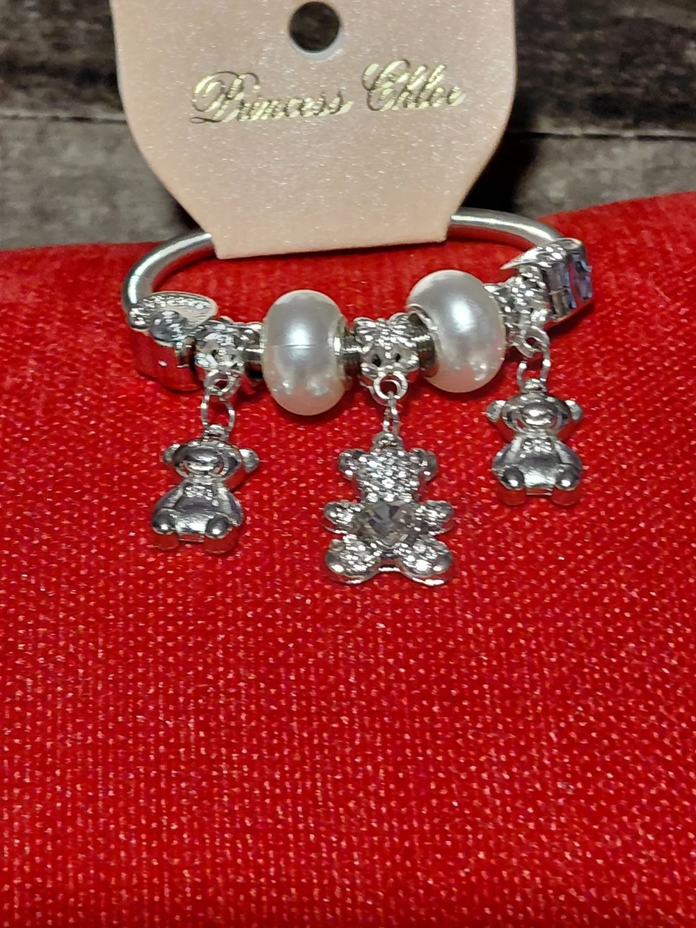 Silver Teddy Charm Bracelet - White Pearls